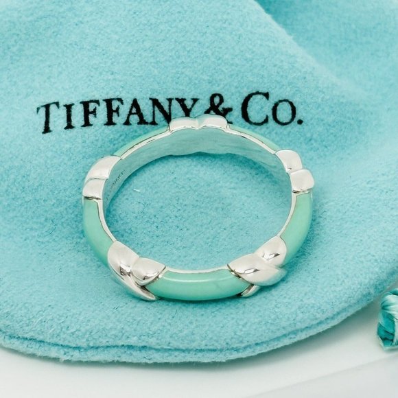 Size 9.5 Tiffany Signature X Kiss Ring in Blue Enamel and Sterling Silver - Picture 1 of 8